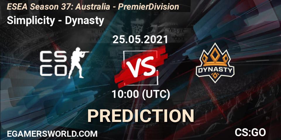 Pronósticos Simplicity - Dynasty. 25.05.2021 at 10:00. ESEA Season 37: Australia - Premier Division - Counter-Strike (CS2)
