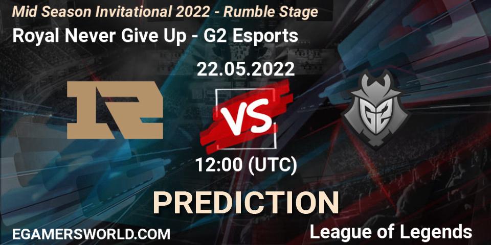 Pronósticos Royal Never Give Up - G2 Esports. 22.05.2022 at 12:00. Mid Season Invitational 2022 - Rumble Stage - LoL