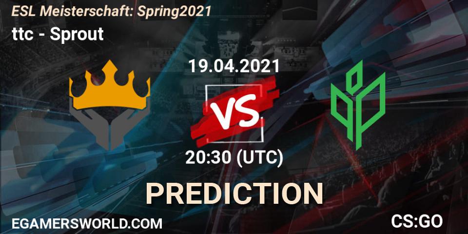Pronósticos ttc - Sprout. 19.04.2021 at 20:30. ESL Meisterschaft: Spring 2021 - Counter-Strike (CS2)