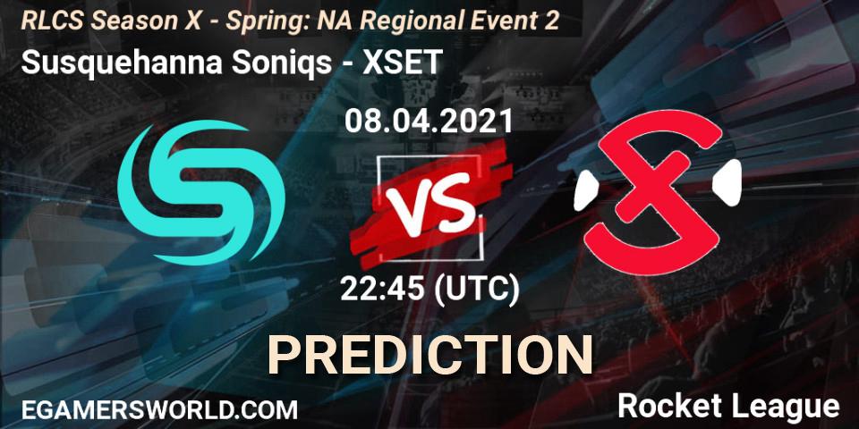 Pronósticos Susquehanna Soniqs - XSET. 08.04.2021 at 22:45. RLCS Season X - Spring: NA Regional Event 2 - Rocket League