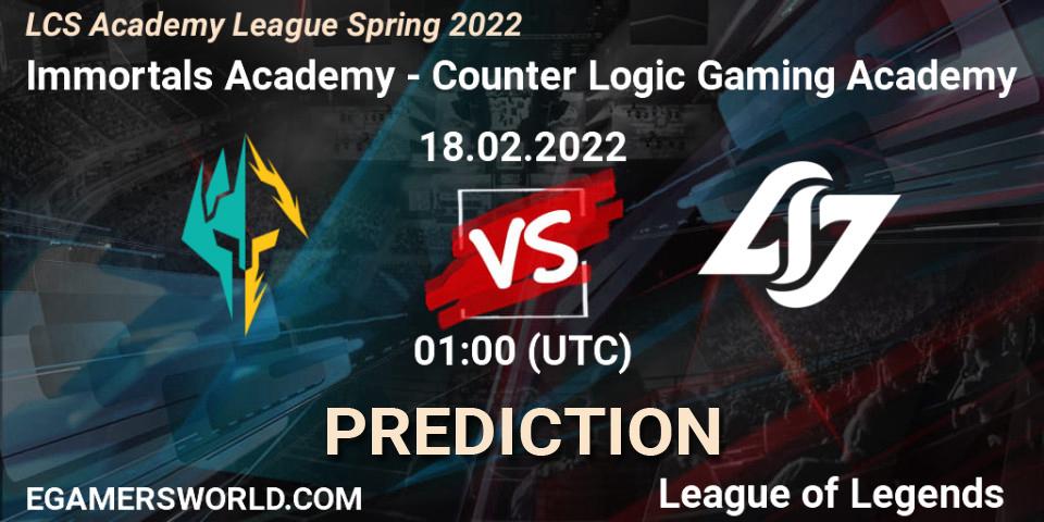 Pronósticos Immortals Academy - Counter Logic Gaming Academy. 18.02.2022 at 00:50. LCS Academy League Spring 2022 - LoL