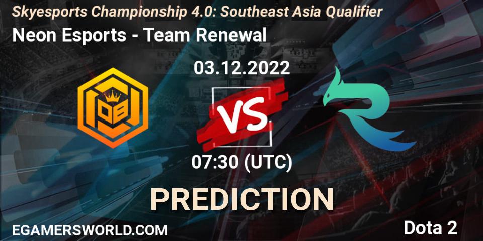 Pronósticos Neon Esports - Team Renewal. 03.12.2022 at 07:29. Skyesports Championship 4.0: Southeast Asia Qualifier - Dota 2