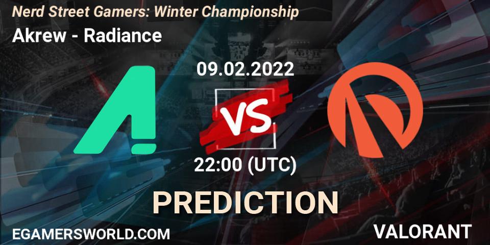 Pronósticos Akrew - Radiance. 09.02.2022 at 22:00. Nerd Street Gamers: Winter Championship - VALORANT