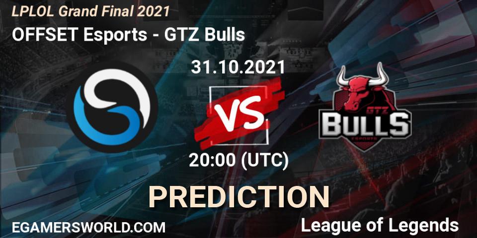 Pronósticos OFFSET Esports - GTZ Bulls. 31.10.2021 at 20:00. LPLOL Grand Final 2021 - LoL