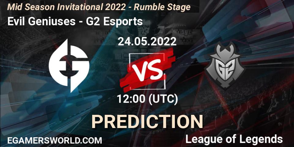 Pronósticos Evil Geniuses - G2 Esports. 24.05.2022 at 10:00. Mid Season Invitational 2022 - Rumble Stage - LoL