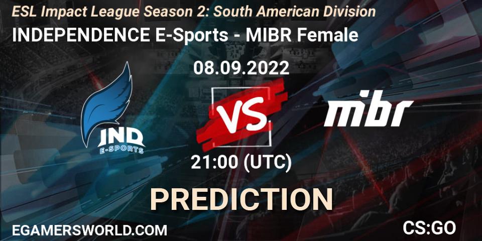 Pronósticos INDEPENDENCE E-Sports - MIBR Female. 08.09.2022 at 21:00. ESL Impact League Season 2: South American Division - Counter-Strike (CS2)