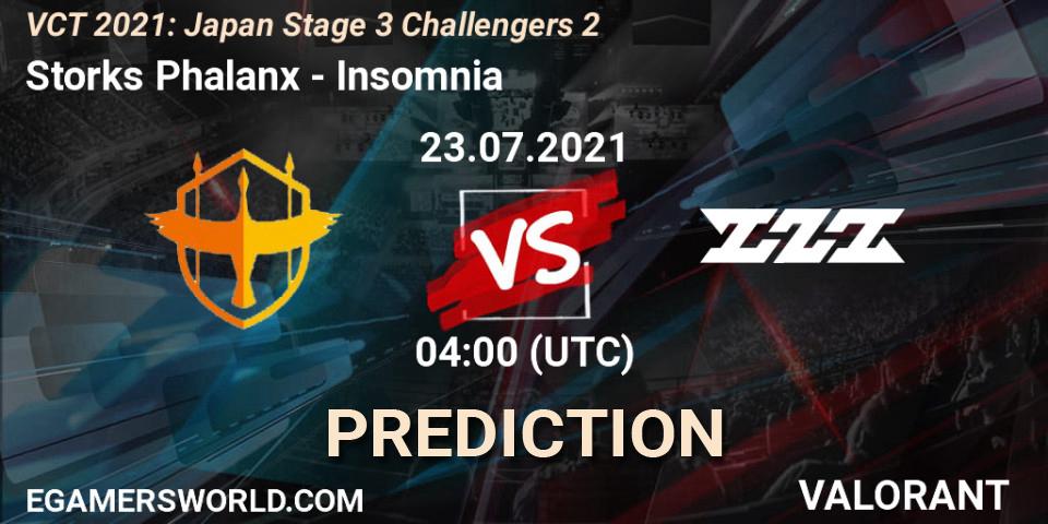 Pronósticos Storks Phalanx - Insomnia. 23.07.2021 at 04:00. VCT 2021: Japan Stage 3 Challengers 2 - VALORANT