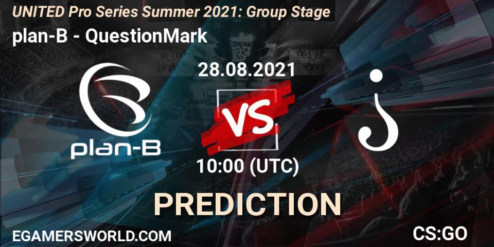Pronósticos plan-B - QuestionMark. 28.08.2021 at 10:00. UNITED Pro Series Summer 2021: Group Stage - Counter-Strike (CS2)