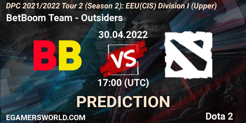 Pronósticos BetBoom Team - Outsiders. 30.04.2022 at 17:00. DPC 2021/2022 Tour 2 (Season 2): EEU(CIS) Division I (Upper) - Dota 2
