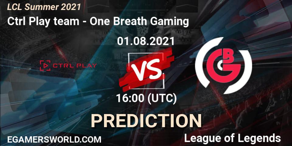Pronósticos Ctrl Play team - One Breath Gaming. 01.08.2021 at 16:00. LCL Summer 2021 - LoL