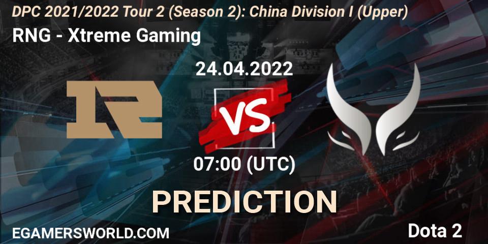 Pronósticos RNG - Xtreme Gaming. 24.04.2022 at 07:03. DPC 2021/2022 Tour 2 (Season 2): China Division I (Upper) - Dota 2