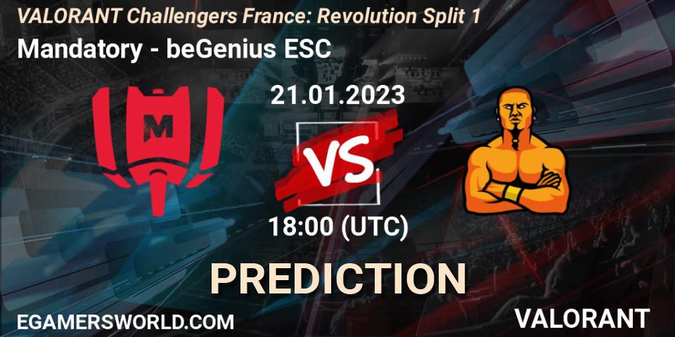 Pronósticos Mandatory - beGenius ESC. 21.01.2023 at 18:00. VALORANT Challengers 2023 France: Revolution Split 1 - VALORANT