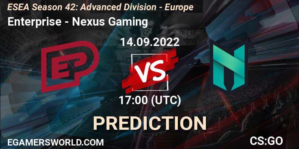 Pronósticos Enterprise - Nexus Gaming. 14.09.2022 at 17:00. ESEA Season 42: Advanced Division - Europe - Counter-Strike (CS2)