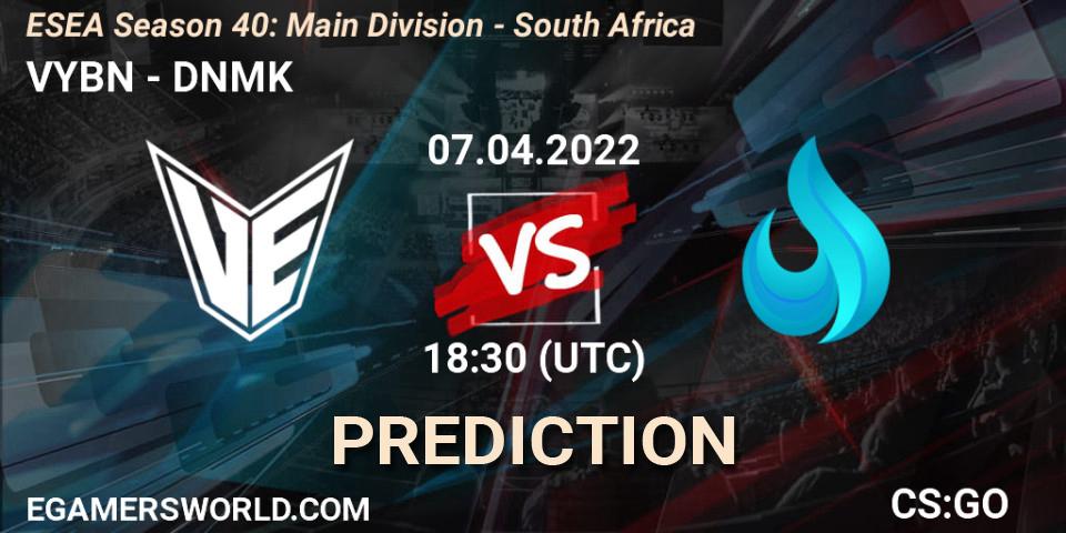 Pronósticos VYBN - DNMK. 07.04.2022 at 18:00. ESEA Season 40: Main Division - South Africa - Counter-Strike (CS2)