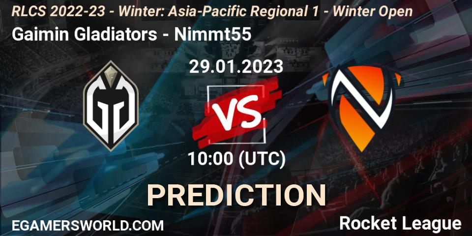 Pronósticos Gaimin Gladiators - Nimmt55. 29.01.2023 at 10:00. RLCS 2022-23 - Winter: Asia-Pacific Regional 1 - Winter Open - Rocket League