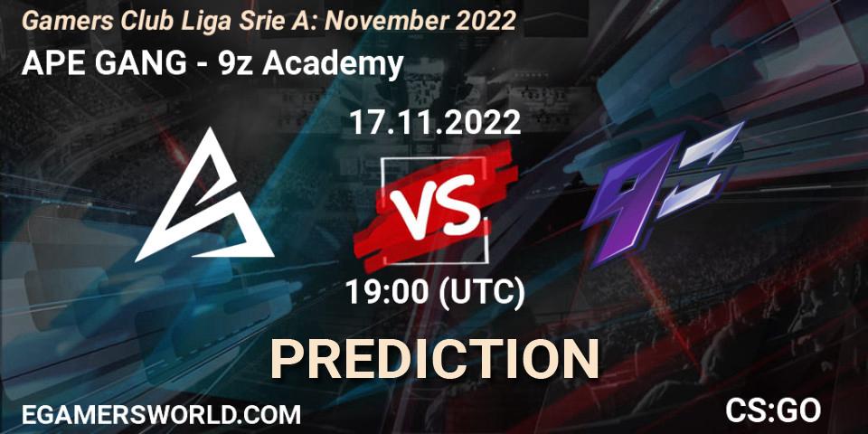 Pronósticos APE GANG - 9z Academy. 18.11.2022 at 20:00. Gamers Club Liga Série A: November 2022 - Counter-Strike (CS2)