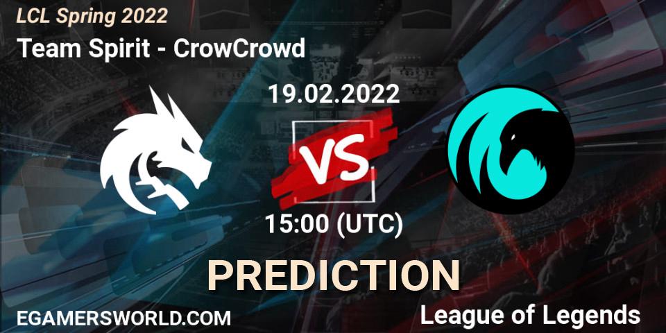 Pronósticos Team Spirit - CrowCrowd. 19.02.2022 at 15:00. LCL Spring 2022 - LoL
