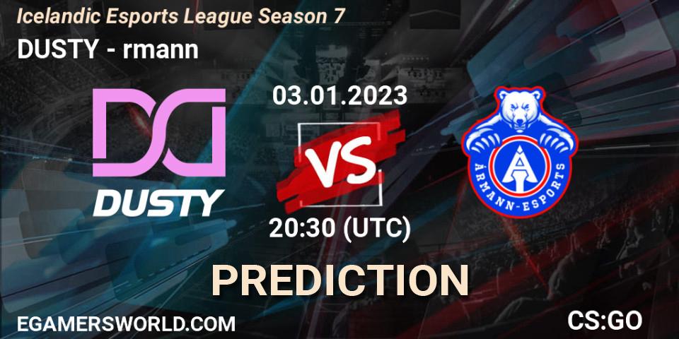 Pronósticos DUSTY - Ármann. 03.01.2023 at 20:30. Icelandic Esports League Season 7 - Counter-Strike (CS2)