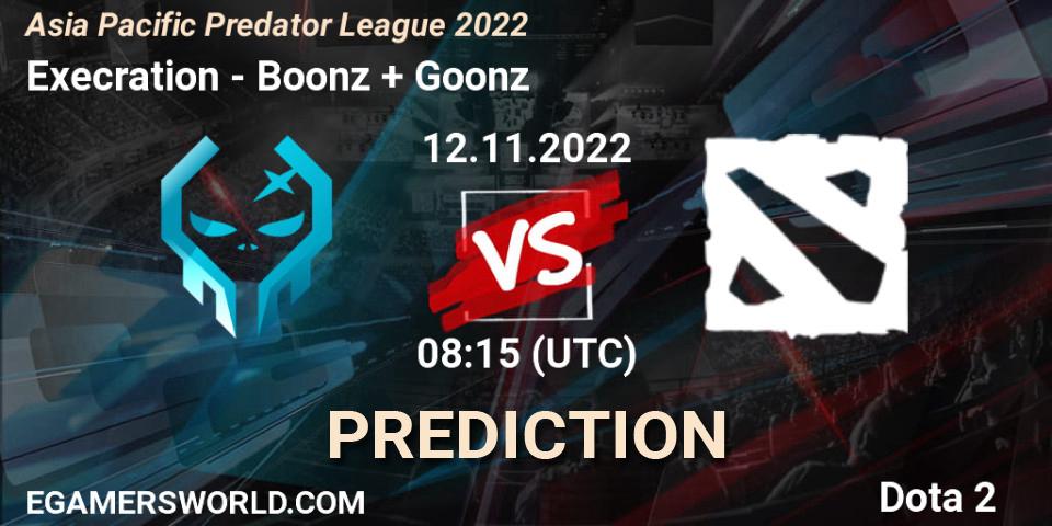 Pronósticos Execration - Boonz + Goonz. 12.11.2022 at 08:15. Asia Pacific Predator League 2022 - Dota 2