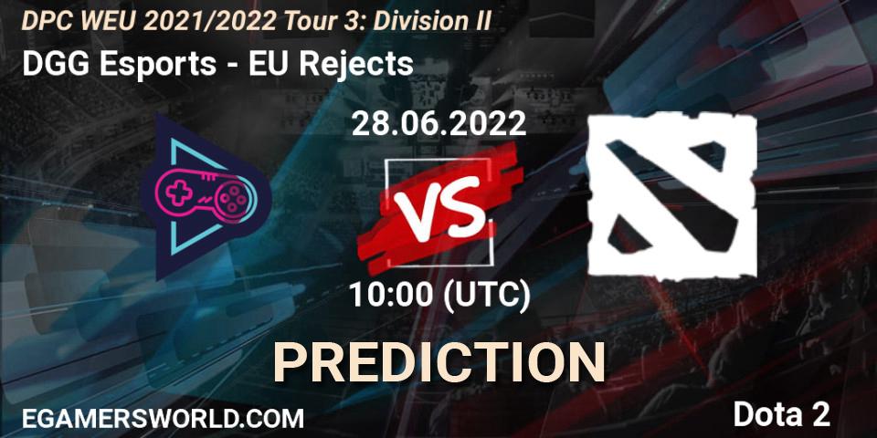 Pronósticos DGG Esports - EU Rejects. 28.06.2022 at 09:56. DPC WEU 2021/2022 Tour 3: Division II - Dota 2