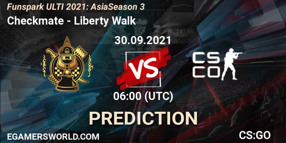 Pronósticos Checkmate - Liberty Walk. 30.09.2021 at 06:00. Funspark ULTI 2021: Asia Season 3 - Counter-Strike (CS2)