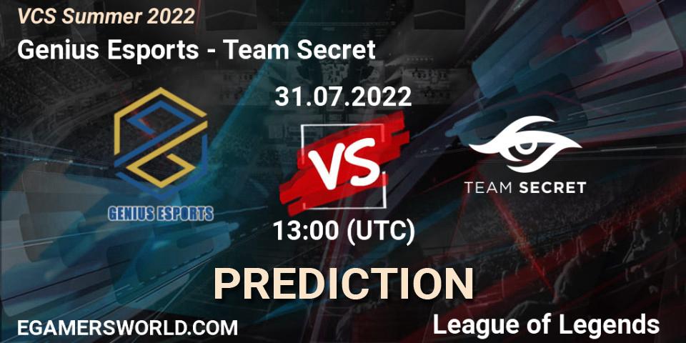 Pronósticos Genius Esports - Team Secret. 31.07.2022 at 12:00. VCS Summer 2022 - LoL