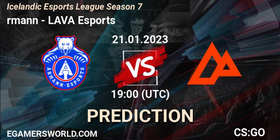Pronósticos Ármann - LAVA Esports. 21.01.2023 at 19:00. Icelandic Esports League Season 7 - Counter-Strike (CS2)