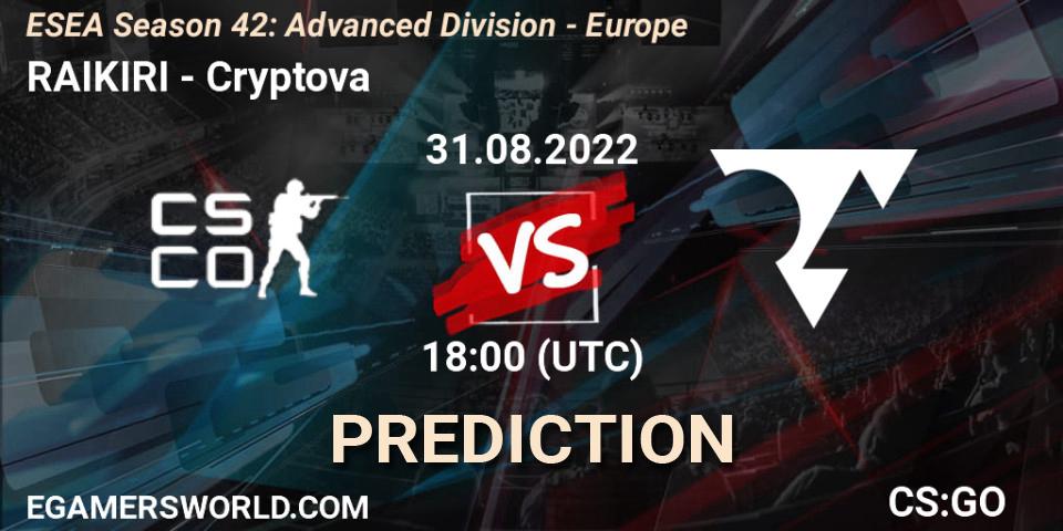 Pronósticos RAIKIRI - Cryptova. 31.08.2022 at 18:00. ESEA Season 42: Advanced Division - Europe - Counter-Strike (CS2)