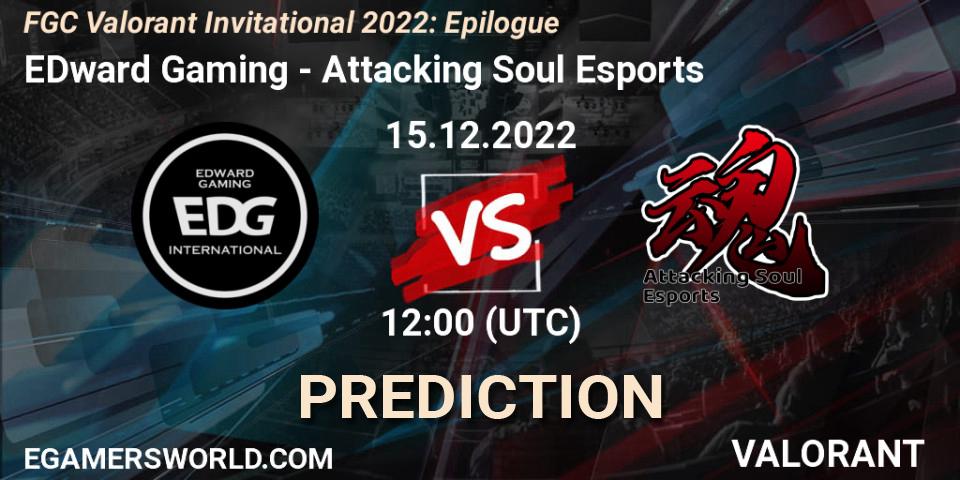 Pronósticos EDward Gaming - Attacking Soul Esports. 15.12.2022 at 12:00. FGC Valorant Invitational 2022: Epilogue - VALORANT