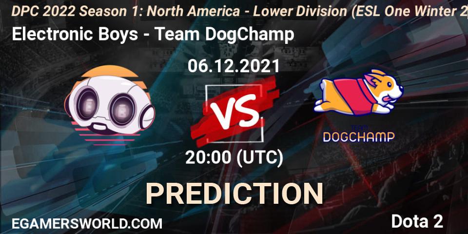 Pronósticos Electronic Boys - Team DogChamp. 06.12.2021 at 19:57. DPC 2022 Season 1: North America - Lower Division (ESL One Winter 2021) - Dota 2