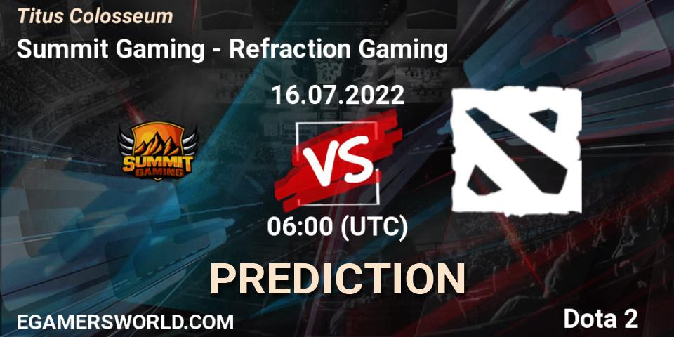 Pronósticos Summit Gaming - Refraction Gaming. 16.07.2022 at 06:01. Titus Colosseum - Dota 2
