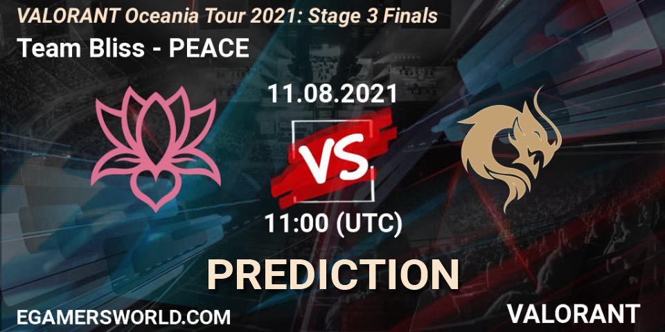 Pronósticos Team Bliss - PEACE. 11.08.2021 at 11:00. VALORANT Oceania Tour 2021: Stage 3 Finals - VALORANT
