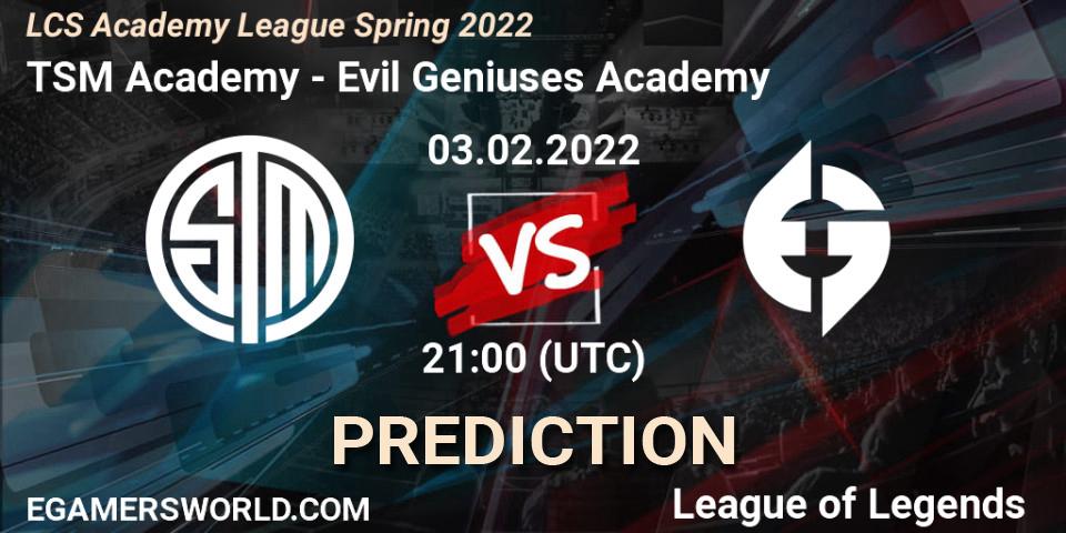 Pronósticos TSM Academy - Evil Geniuses Academy. 03.02.2022 at 21:00. LCS Academy League Spring 2022 - LoL