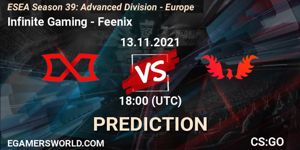 Pronósticos Infinite Gaming - Feenix. 13.11.2021 at 18:00. ESEA Season 39: Advanced Division - Europe - Counter-Strike (CS2)