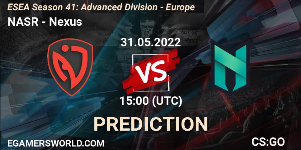 Pronósticos NASR - Nexus. 31.05.2022 at 15:00. ESEA Season 41: Advanced Division - Europe - Counter-Strike (CS2)