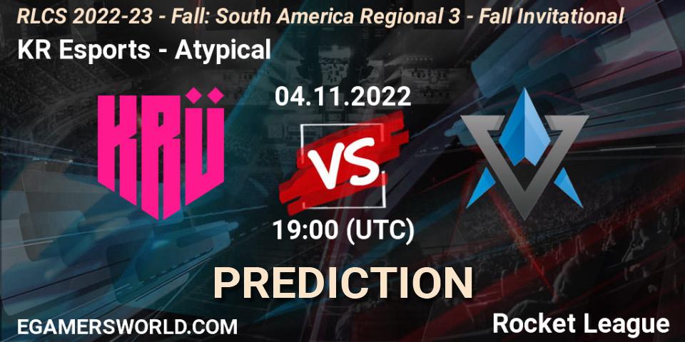 Pronósticos KRÜ Esports - Atypical. 04.11.2022 at 19:00. RLCS 2022-23 - Fall: South America Regional 3 - Fall Invitational - Rocket League