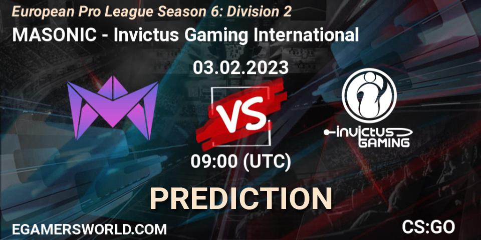 Pronósticos MASONIC - Invictus Gaming International. 03.02.23. European Pro League Season 6: Division 2 - CS2 (CS:GO)