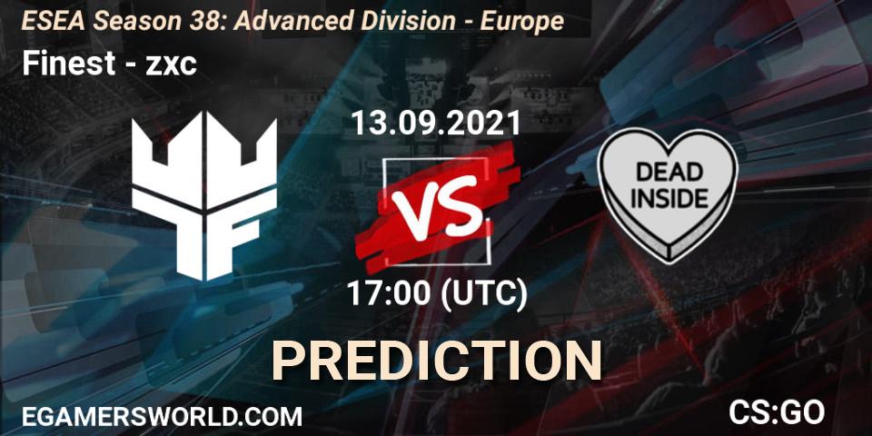 Pronósticos Finest - zxc. 13.09.2021 at 17:00. ESEA Season 38: Advanced Division - Europe - Counter-Strike (CS2)