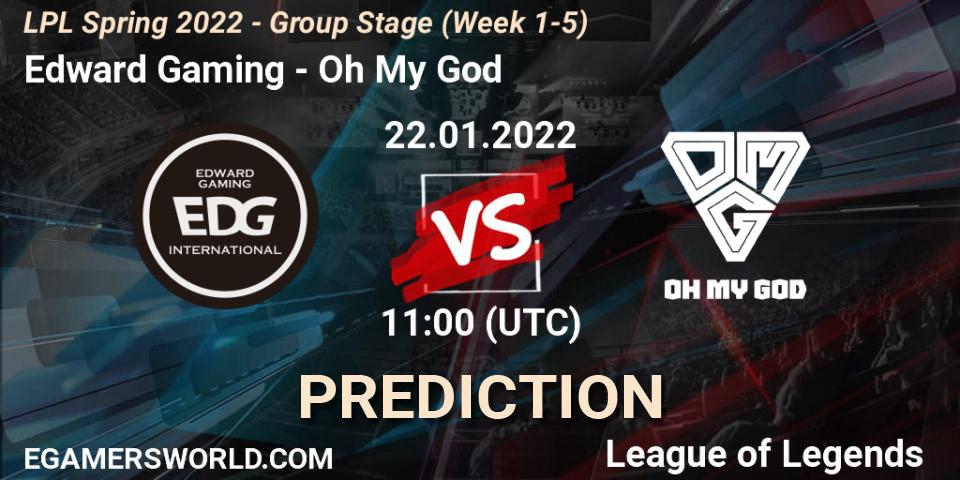 Pronósticos Edward Gaming - Oh My God. 22.01.2022 at 11:45. LPL Spring 2022 - Group Stage (Week 1-5) - LoL