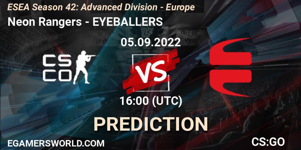 Pronósticos Neon Rangers - EYEBALLERS. 05.09.2022 at 16:00. ESEA Season 42: Advanced Division - Europe - Counter-Strike (CS2)