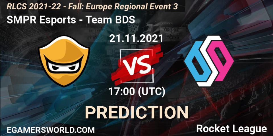 Pronósticos SMPR Esports - Team BDS. 21.11.2021 at 17:00. RLCS 2021-22 - Fall: Europe Regional Event 3 - Rocket League