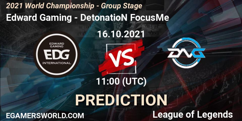 Pronósticos Edward Gaming - DetonatioN FocusMe. 16.10.2021 at 11:00. 2021 World Championship - Group Stage - LoL