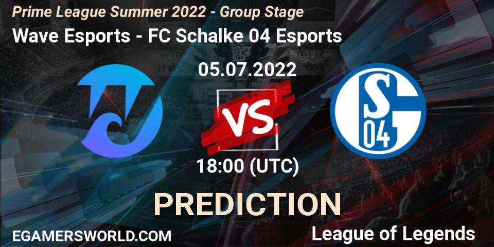 Pronósticos Wave Esports - FC Schalke 04 Esports. 05.07.2022 at 18:00. Prime League Summer 2022 - Group Stage - LoL
