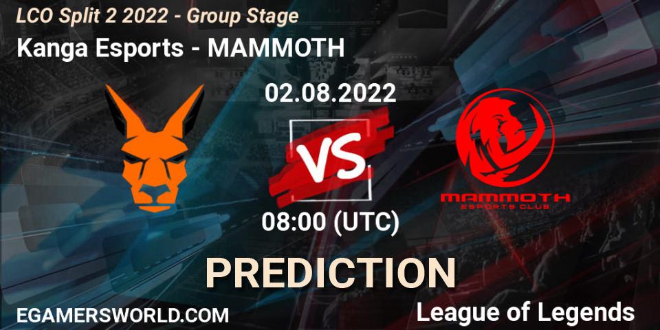 Pronósticos Kanga Esports - MAMMOTH. 02.08.2022 at 08:00. LCO Split 2 2022 - Group Stage - LoL