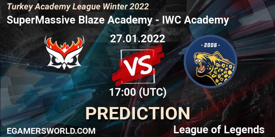 Pronósticos SuperMassive Blaze Academy - IWC Academy. 27.01.2022 at 17:00. Turkey Academy League Winter 2022 - LoL