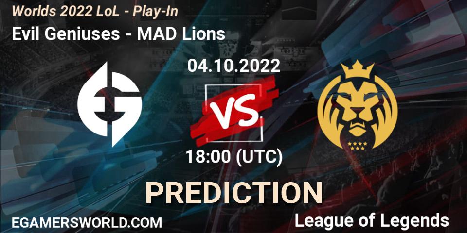 Pronósticos Evil Geniuses - MAD Lions. 04.10.2022 at 18:00. Worlds 2022 LoL - Play-In - LoL
