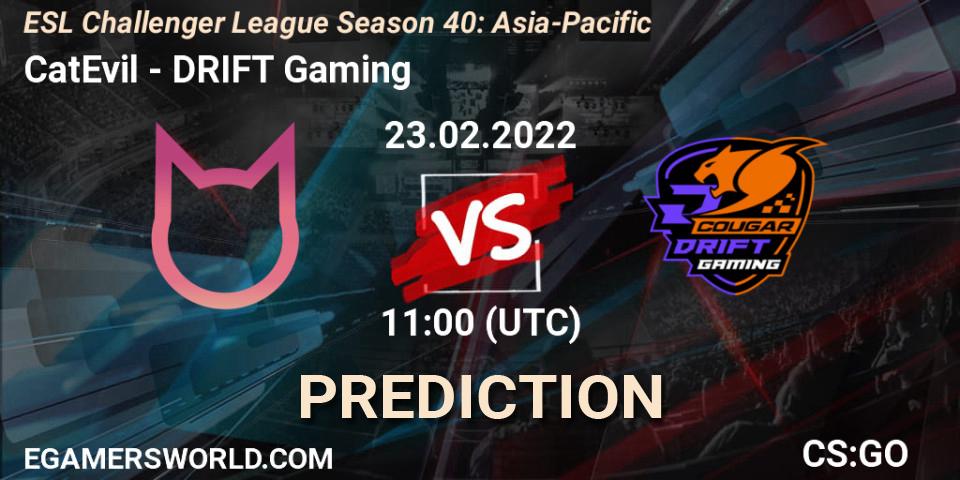 Pronósticos CatEvil - DRIFT Gaming. 23.02.2022 at 12:00. ESL Challenger League Season 40: Asia-Pacific - Counter-Strike (CS2)