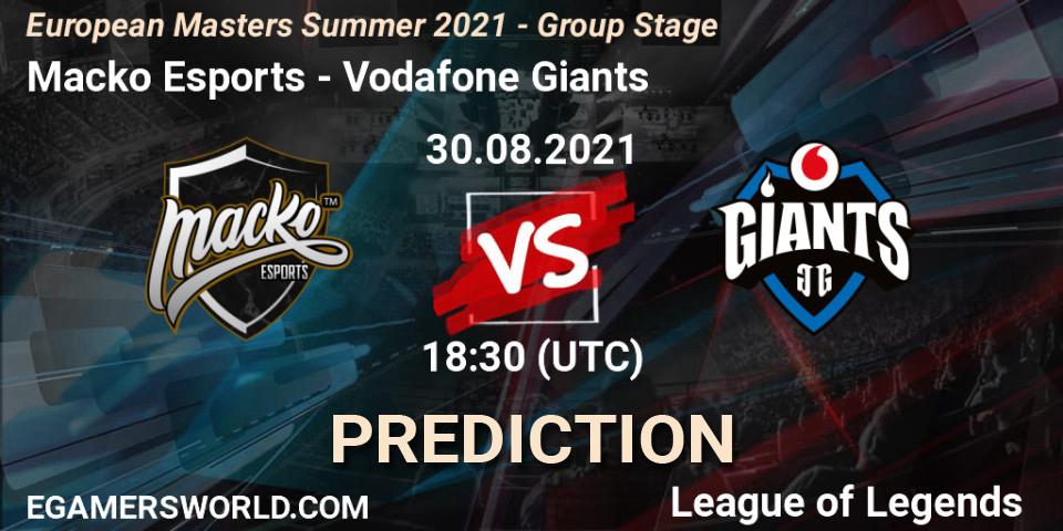 Pronósticos Macko Esports - Vodafone Giants. 30.08.2021 at 18:30. European Masters Summer 2021 - Group Stage - LoL
