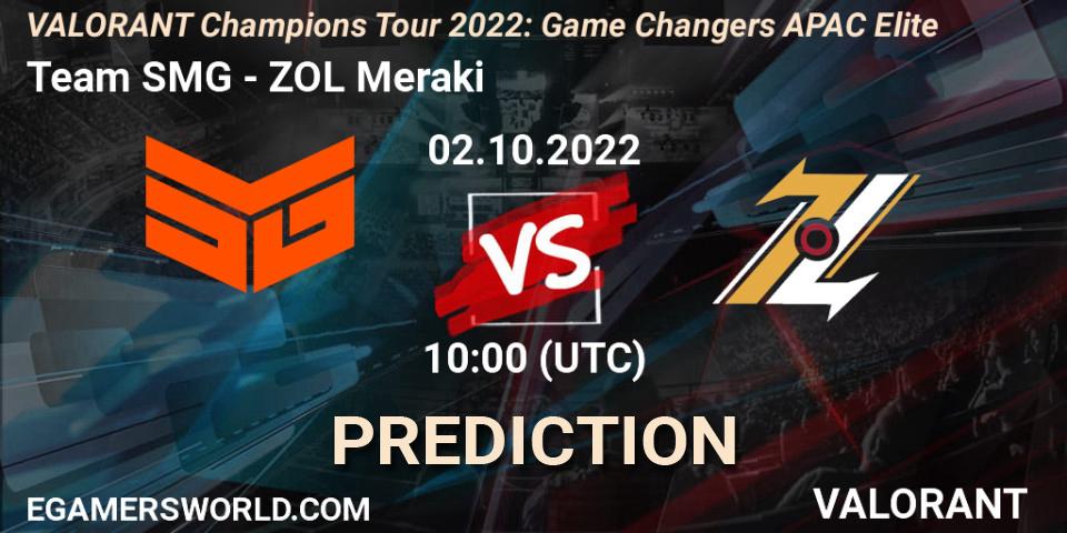 Pronósticos Team SMG - ZOL Meraki. 02.10.2022 at 10:45. VCT 2022: Game Changers APAC Elite - VALORANT