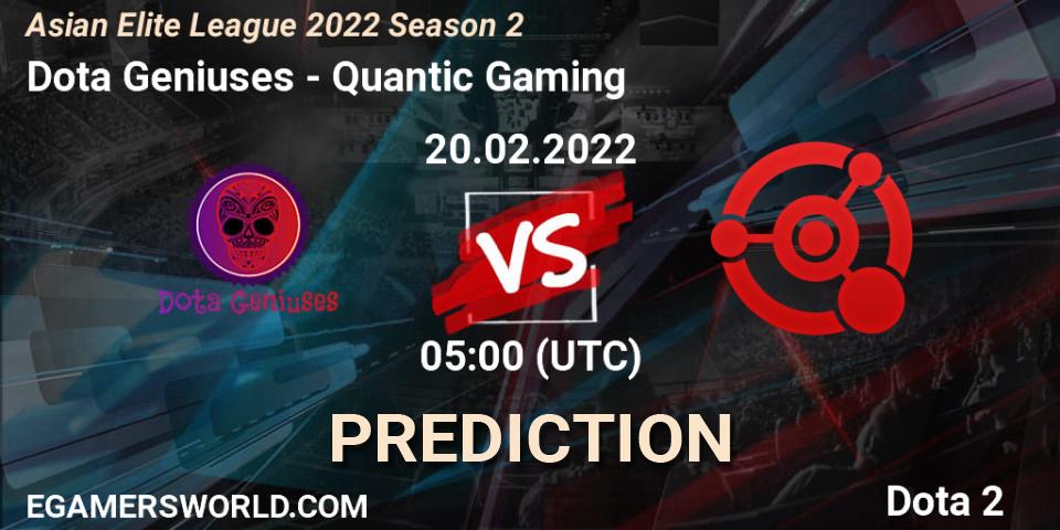 Pronósticos Dota Geniuses - Quantic Gaming. 20.02.2022 at 04:59. Asian Elite League 2022 Season 2 - Dota 2